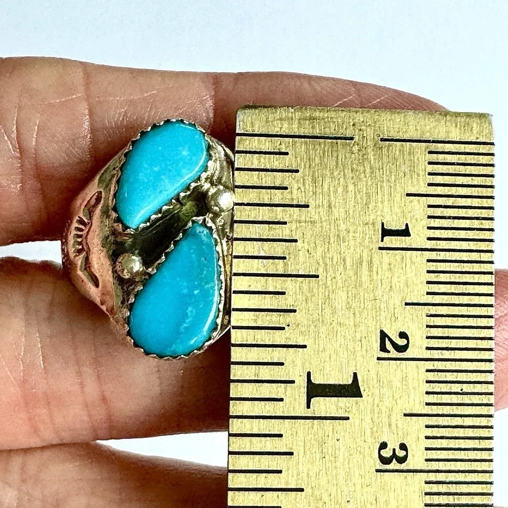 Mens Turquoise Navajo Band Sz 11 Two Stone Ring 21mm Signed ML‎ Handmade Native